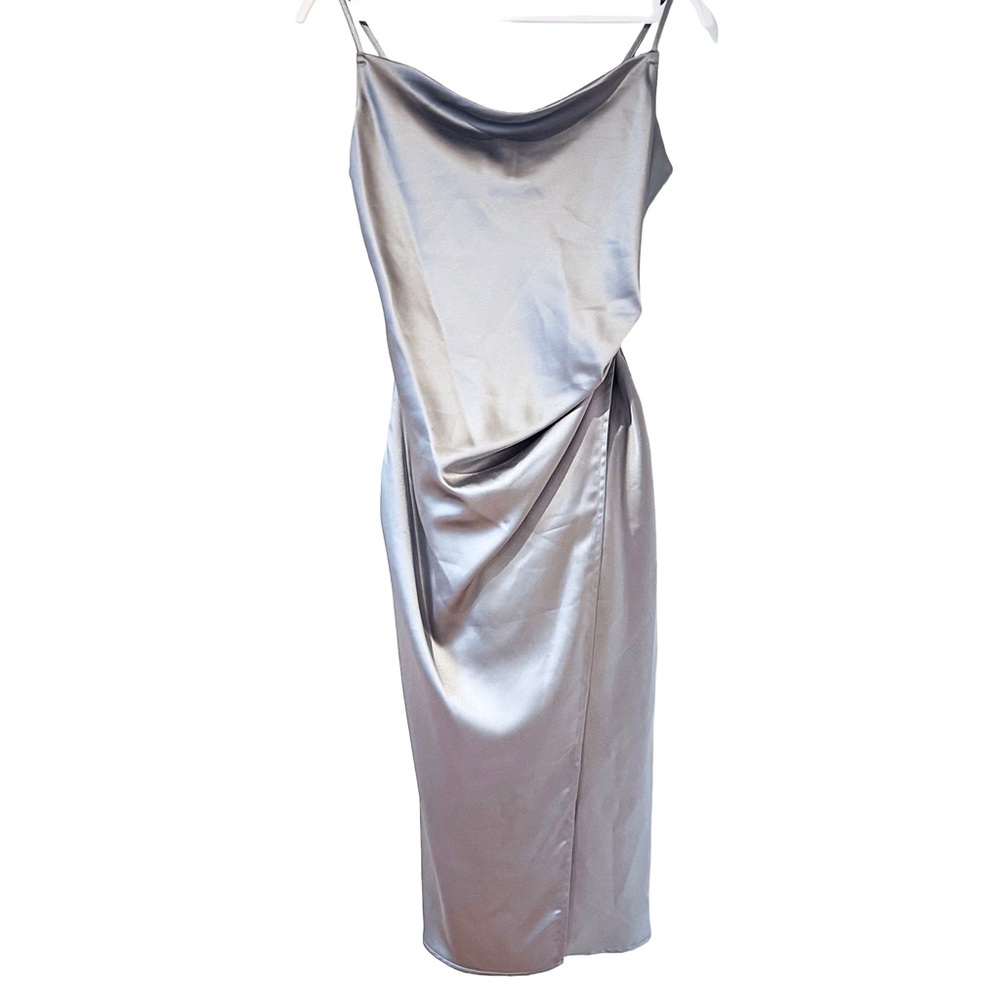 re:named Bodycon Midi Dress S Silver Cowl Neck Spaghetti Strap Ruched Slit Thigh